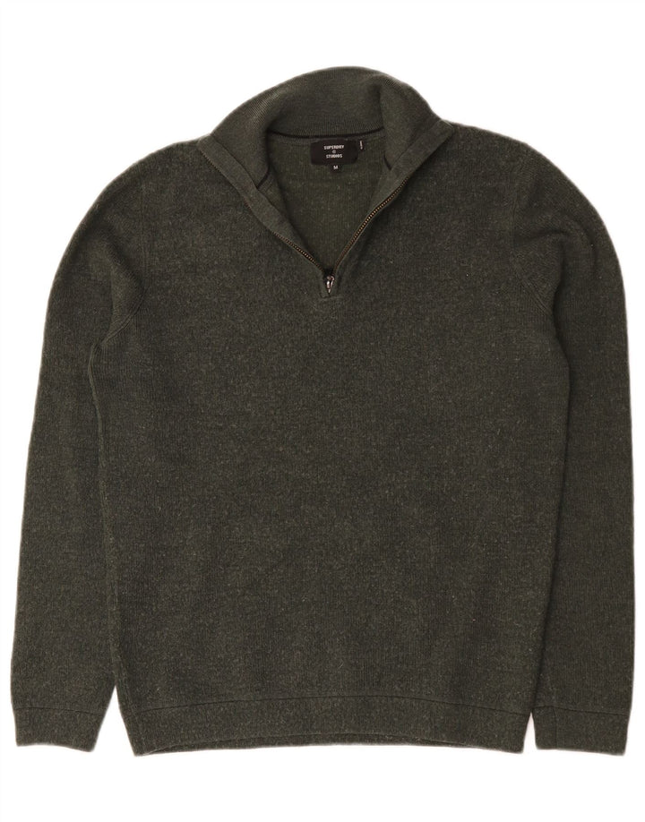 Superdry Herren-Pullover mit Reißverschluss am Hals, mittlerer Khaki-Merinowolle