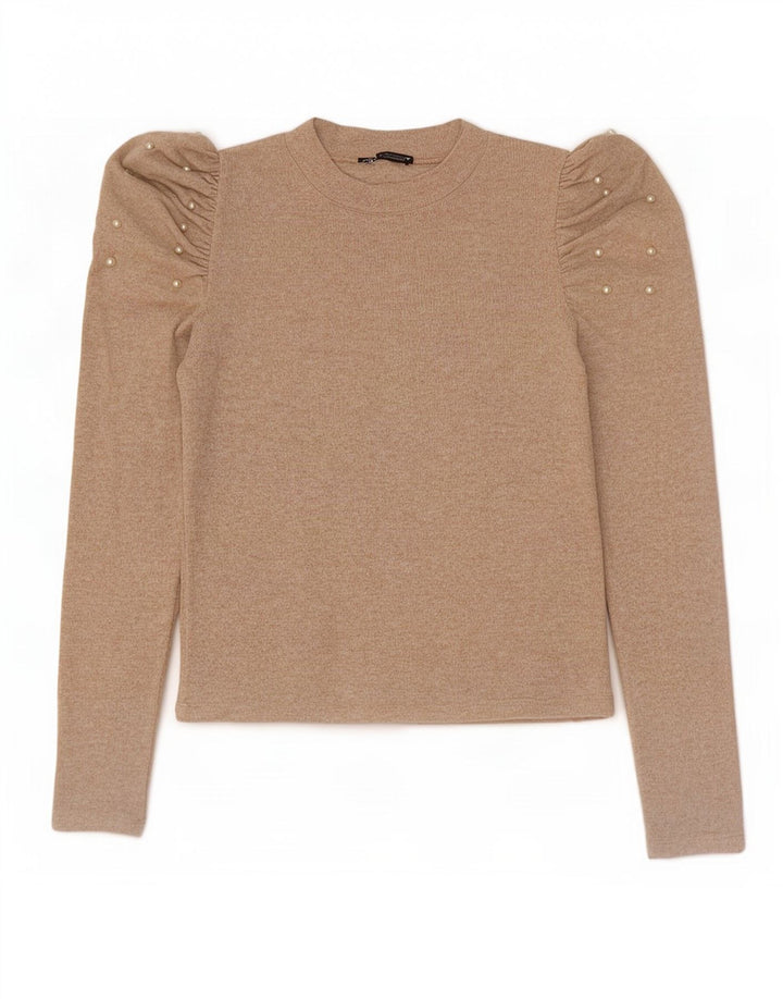 Zara Damen Langarm-Blusenoberteil UK 12 Mittelbeige