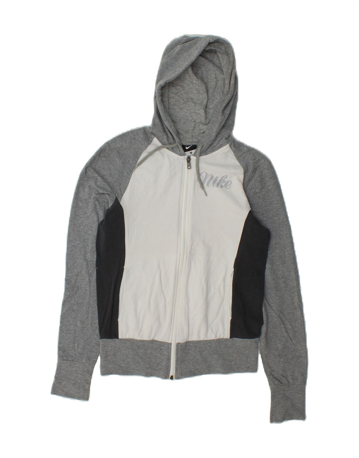 NIKE Womens Graphic Zip Hoodie Sweater UK 14 Medium Grey Colourblock Vintage Nike and Second-Hand Nike from Messina Hembry 