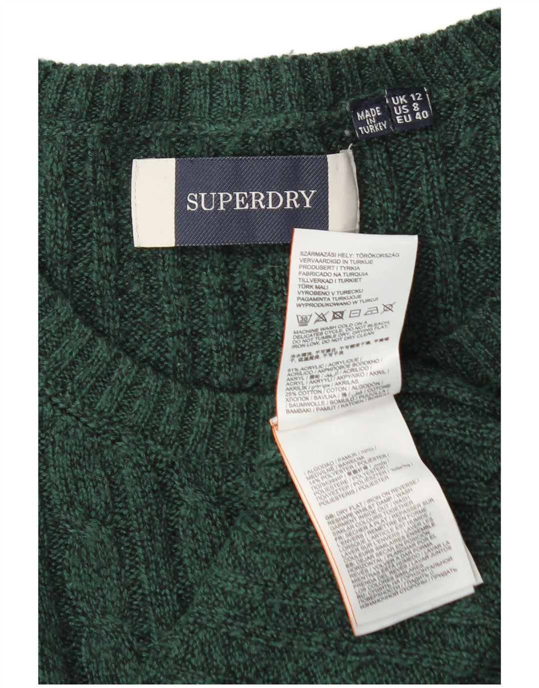 Superdry Damen-Pullover mit Rundhalsausschnitt, UK 12, Mittelgrün, Acryl