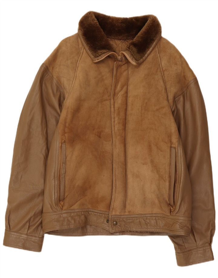 Vintage Herren Shearling Jacke IT 52 XL Braunes Leder
