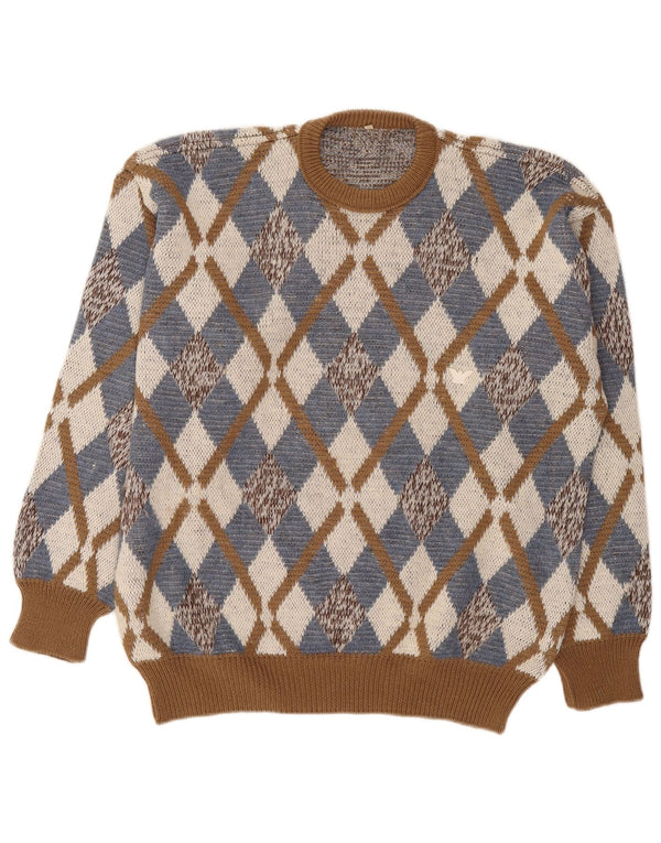 Vintage Herren-Pullover mit Rundhalsausschnitt, Größe 52, groß, braun, Argyle/Diamant