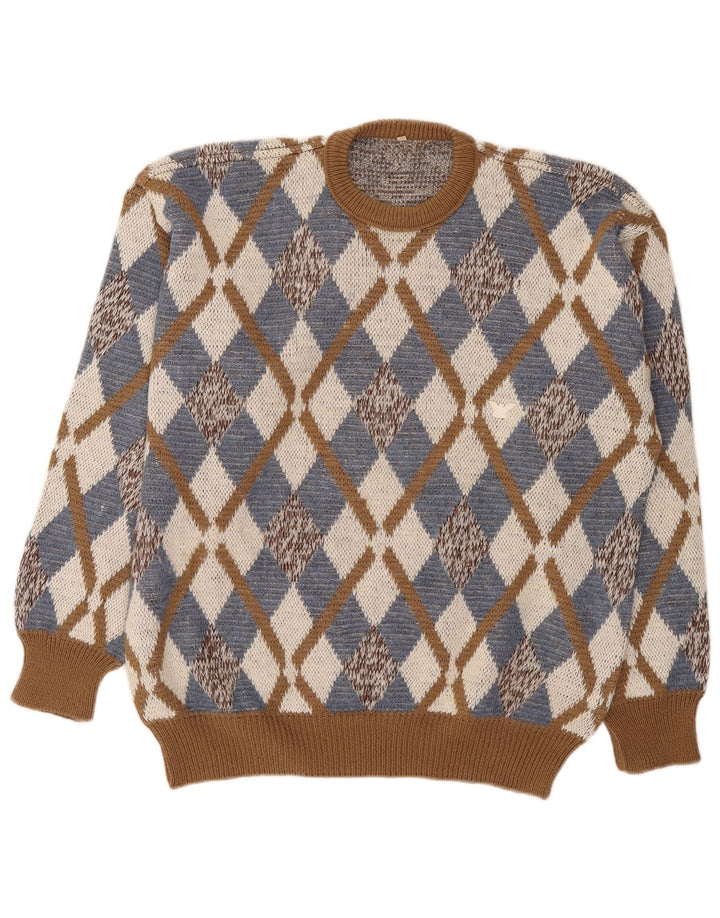 Vintage Herren-Pullover mit Rundhalsausschnitt, Größe 52, groß, braun, Argyle/Diamant