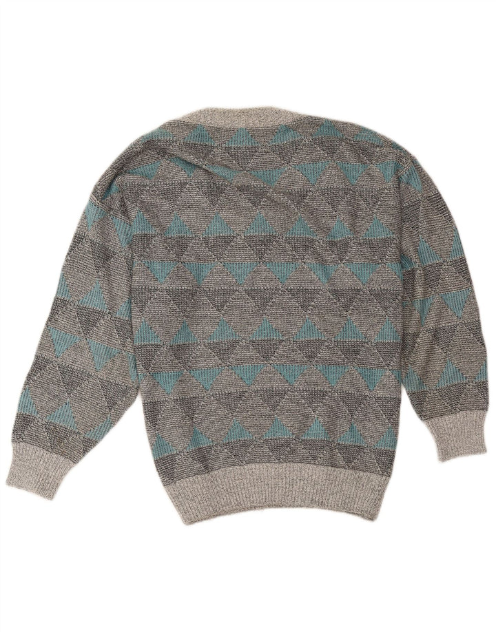 Vintage Herren V-Ausschnitt Pullover Pullover Mittelgraue geometrische Baumwolle