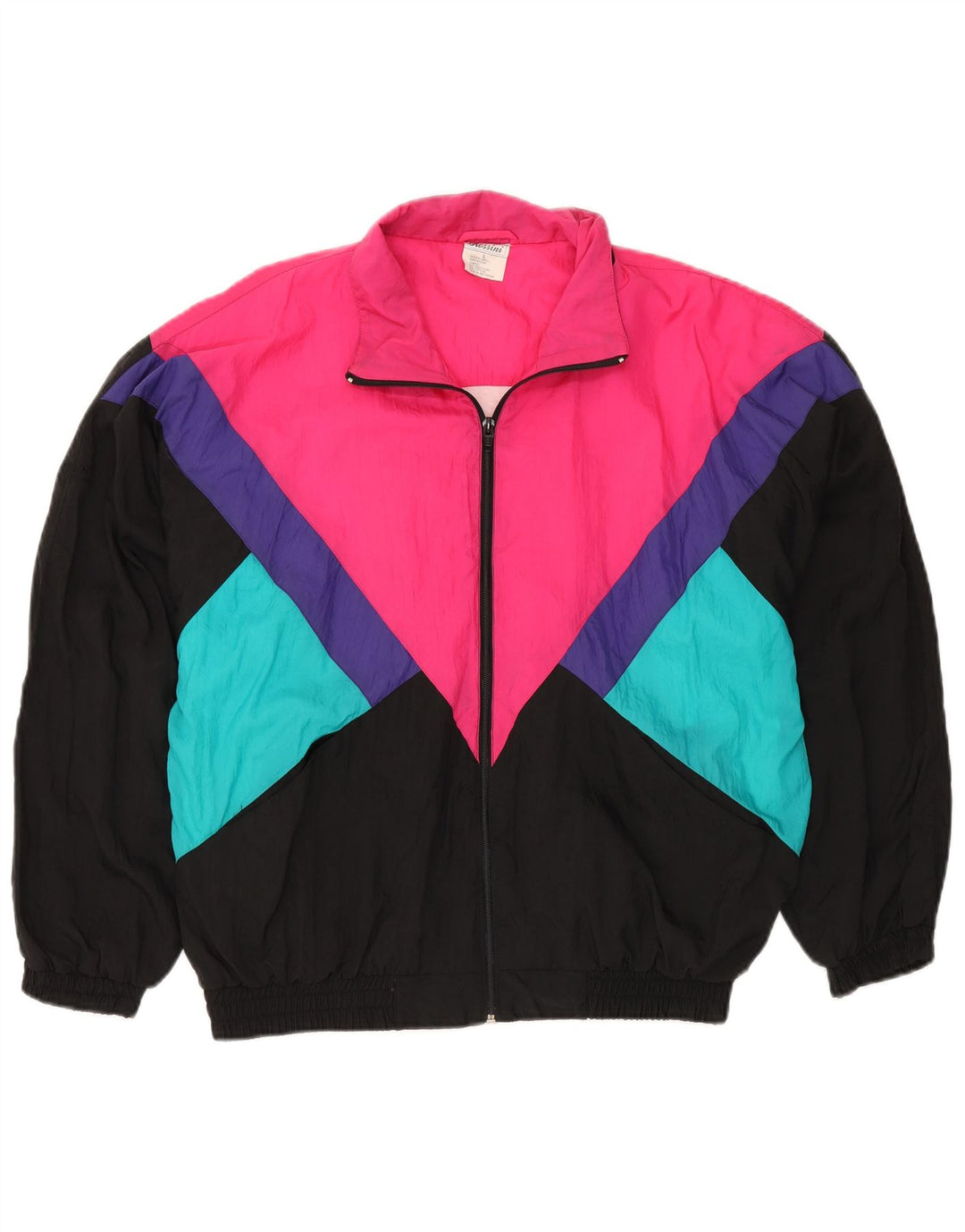 VINTAGE Damen-Trainingsanzug-Oberteiljacke UK 16 Großes schwarzes Colourblock-Nylon