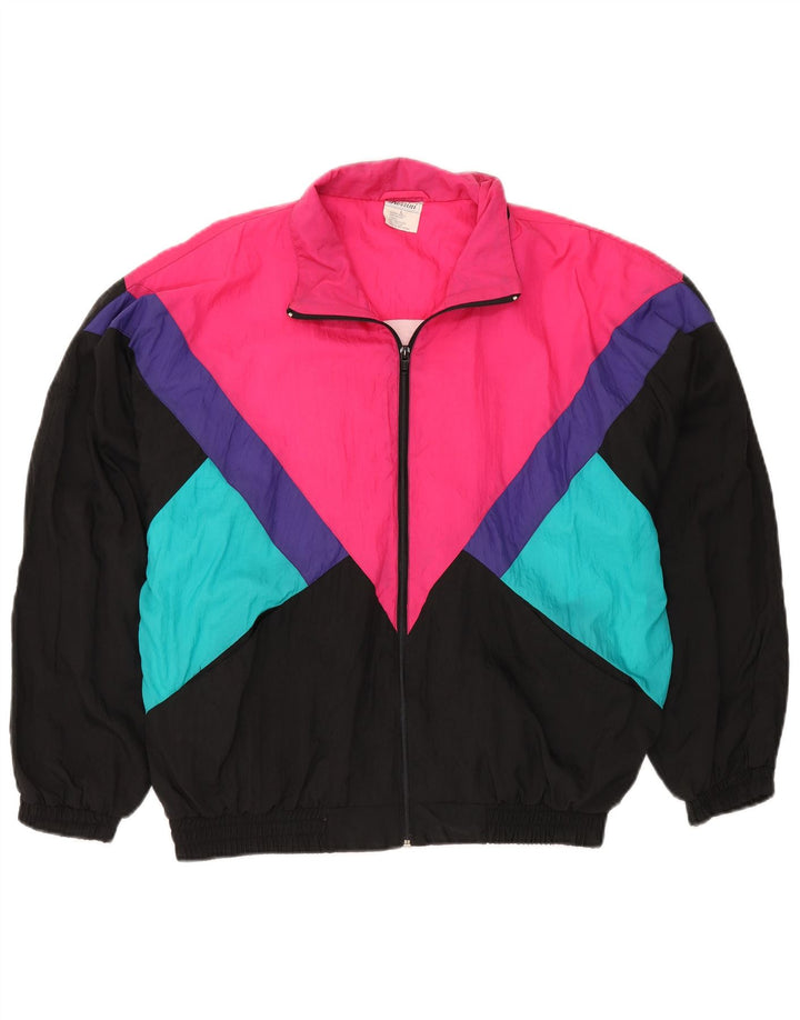 VINTAGE Damen-Trainingsanzug-Oberteiljacke UK 16 Großes schwarzes Colourblock-Nylon