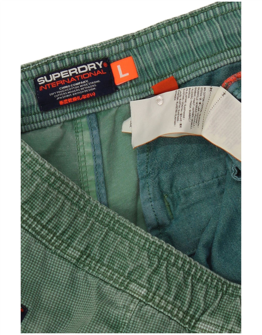 Superdry Herren-Chinoshorts, Größe L, W36, grüne Baumwolle mit Hahnentrittmuster