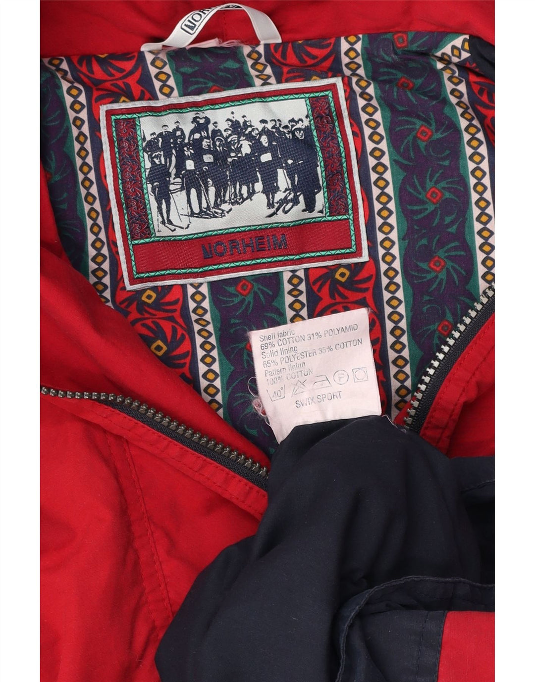 NORHEIM Herren-Anorakjacke mit Kapuze, UK 40, große rote Colourblock-Baumwolle