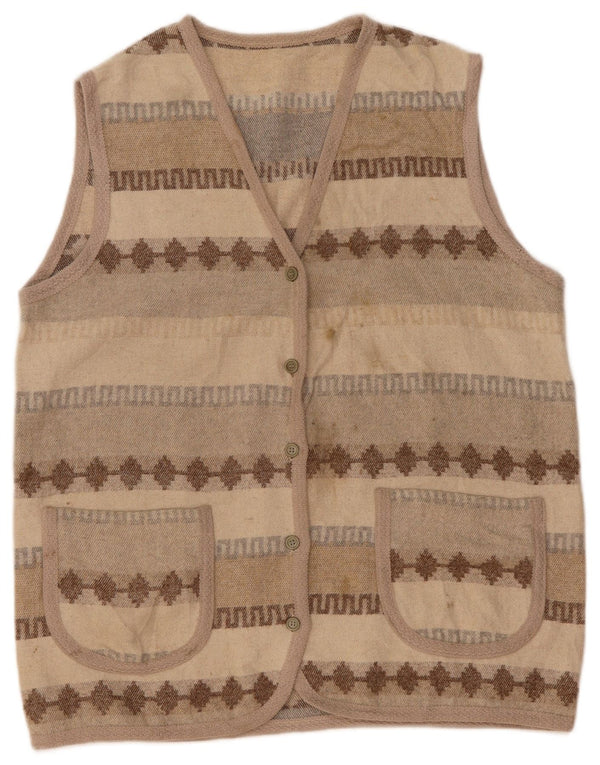 Vintage Damen Ärmelloser Cardigan Pullover UK 14 Medium Beige Geometrisch