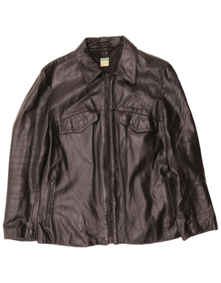 Benetton Damen Lederjacke UK 14 Mittelschwarzes Leder