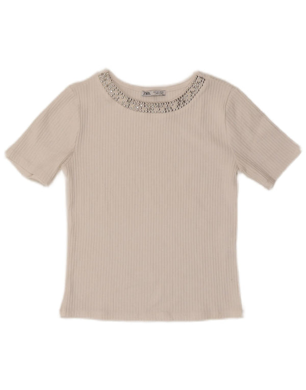 ZARA Damen Crop T-Shirt Top UK 8 Small Weiß Polyester