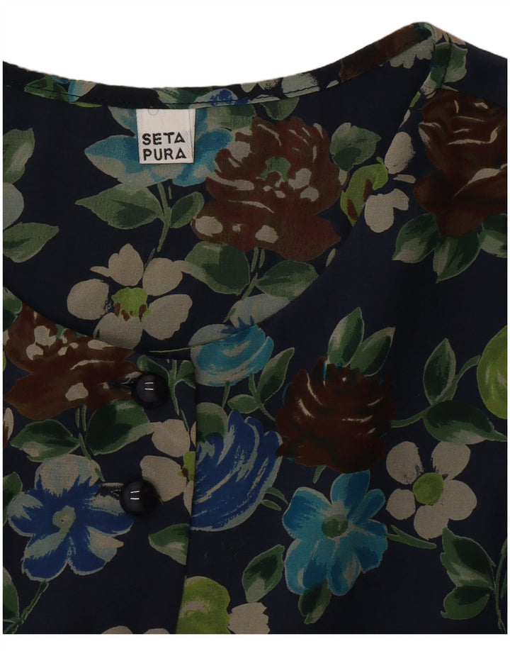 Vintage Damen Etuikleid UK 12 Medium Marineblau Blumenseide