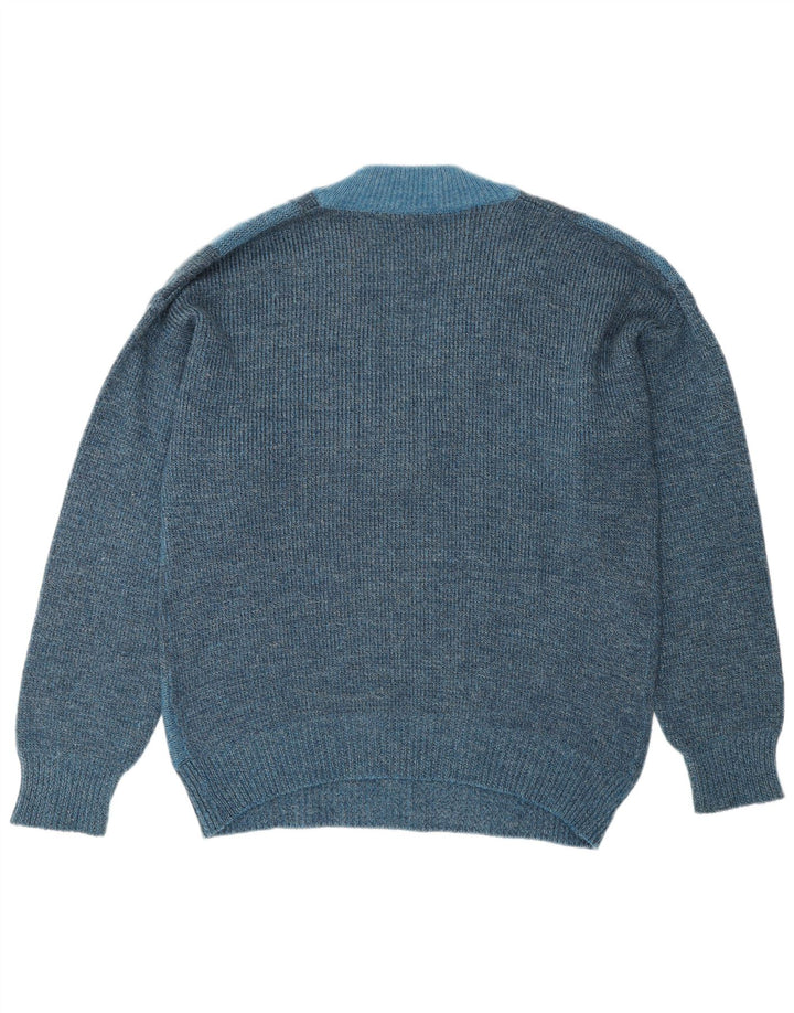 VINTAGE Herren Pullover mit V-Ausschnitt IT 50 Mittelblaues geometrisches Polyacryl