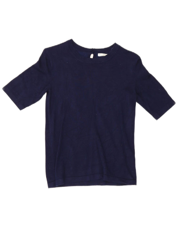 Zara Damen Crop Short Sleeve Bluse Top UK 12 Medium Marineblau Viskose