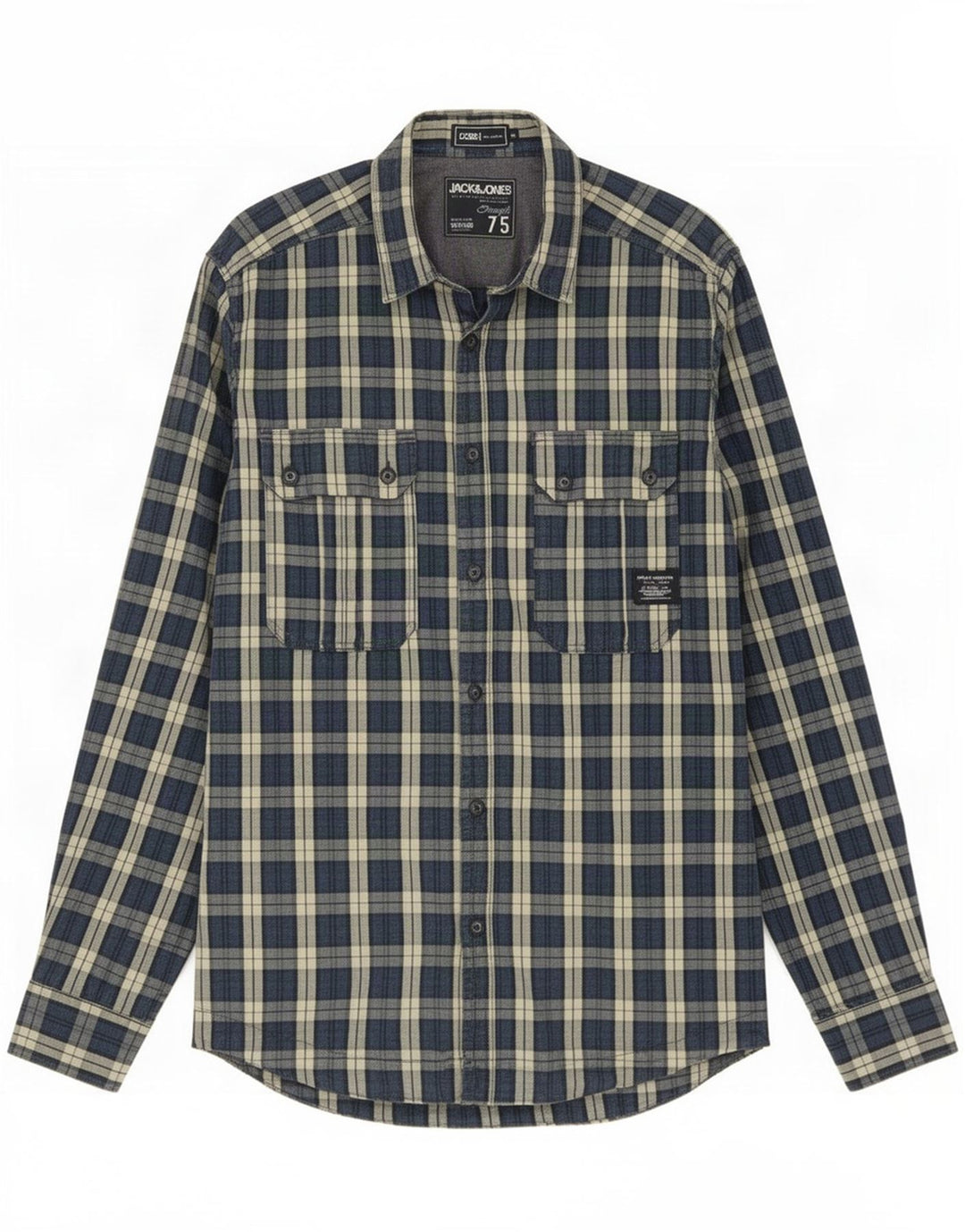 Jack & Jones Herren-Hemd aus mittelblauer Baumwolle mit Karomuster in Marineblau