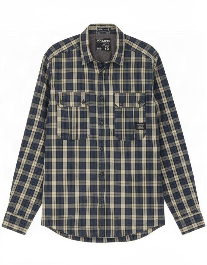 Jack & Jones Herren-Hemd aus mittelblauer Baumwolle mit Karomuster in Marineblau