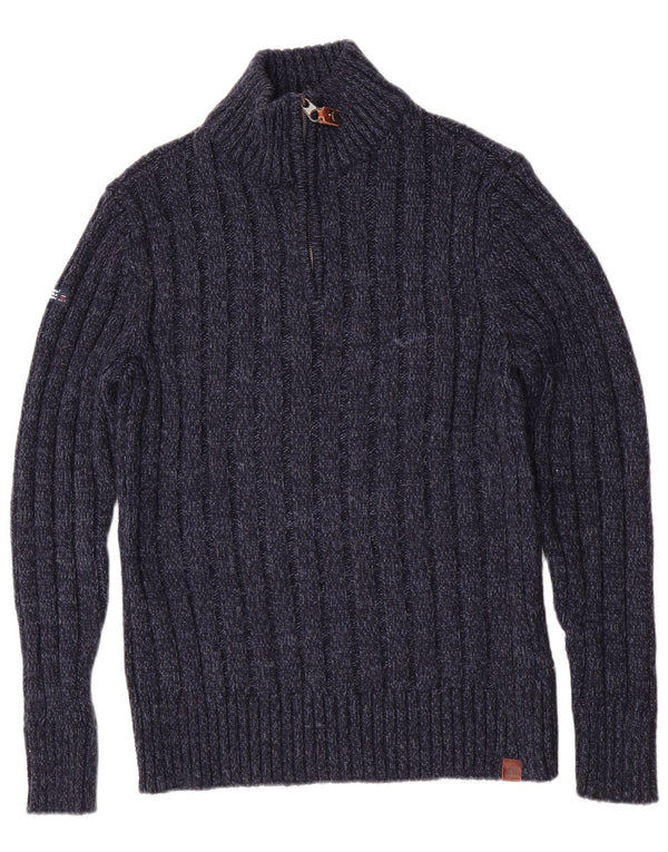 Superdry Herren Slim Fit Pullover mit Reißverschluss am Hals, Mittelblau meliert