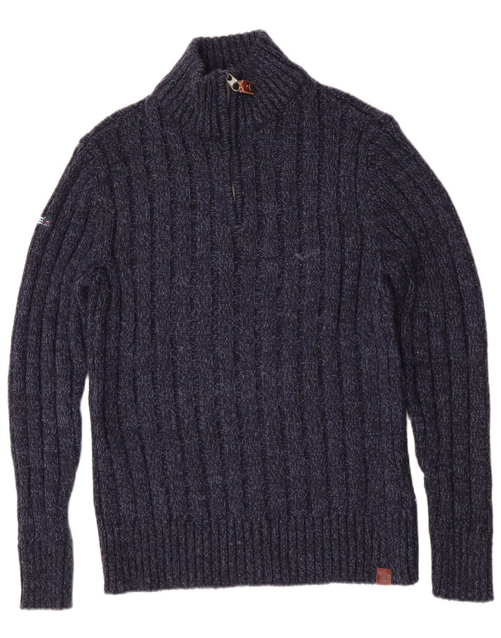 Superdry Herren Slim Fit Pullover mit Reißverschluss am Hals, Mittelblau meliert