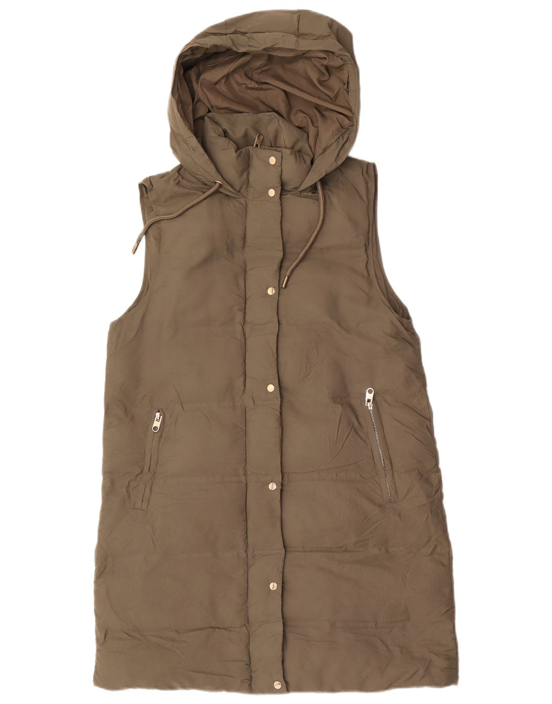 Zara Damen Longline Hooded Wattierte Weste UK 14 Medium Khaki Polyester