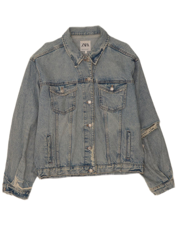 Zara Damen Jeansjacke in Distressed-Optik, übergroß, UK 14, mittelblaue Baumwolle