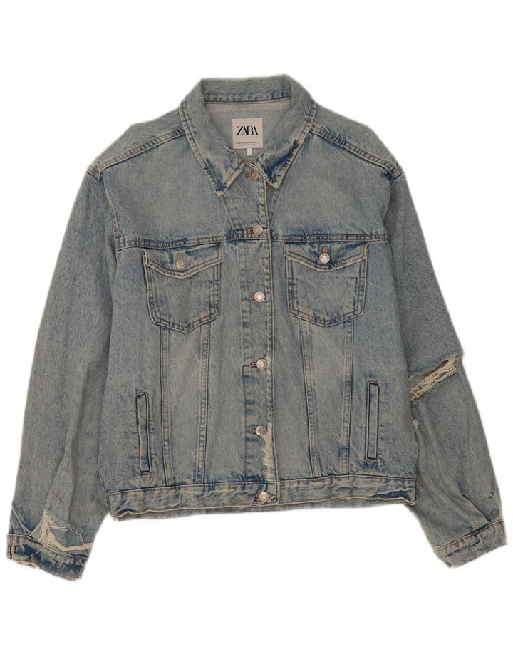 Zara Damen Jeansjacke in Distressed-Optik, übergroß, UK 14, mittelblaue Baumwolle