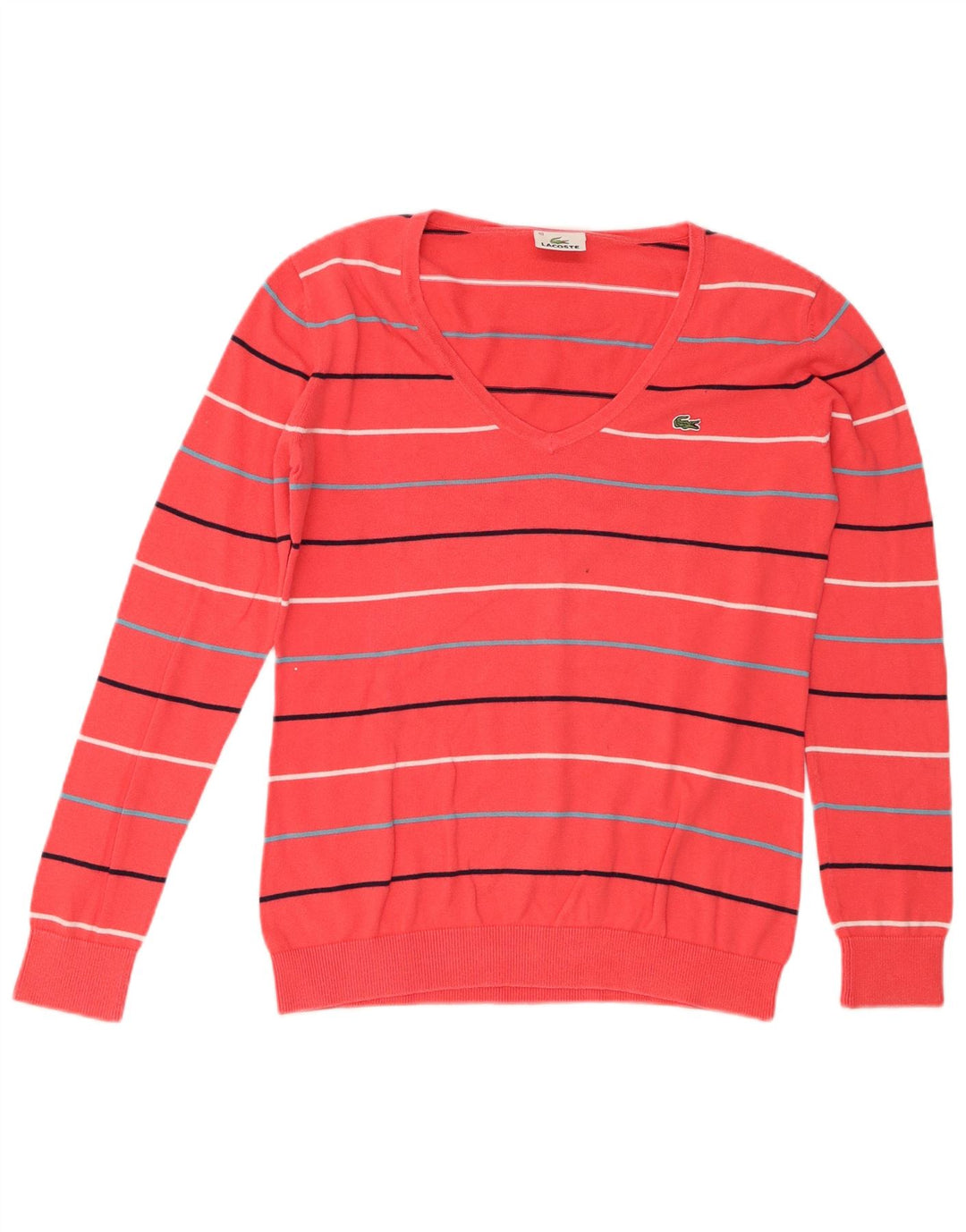 Lacoste Damen-Pullover mit V-Ausschnitt, Größe 40, mittelrosa, gestreift, Baumwolle