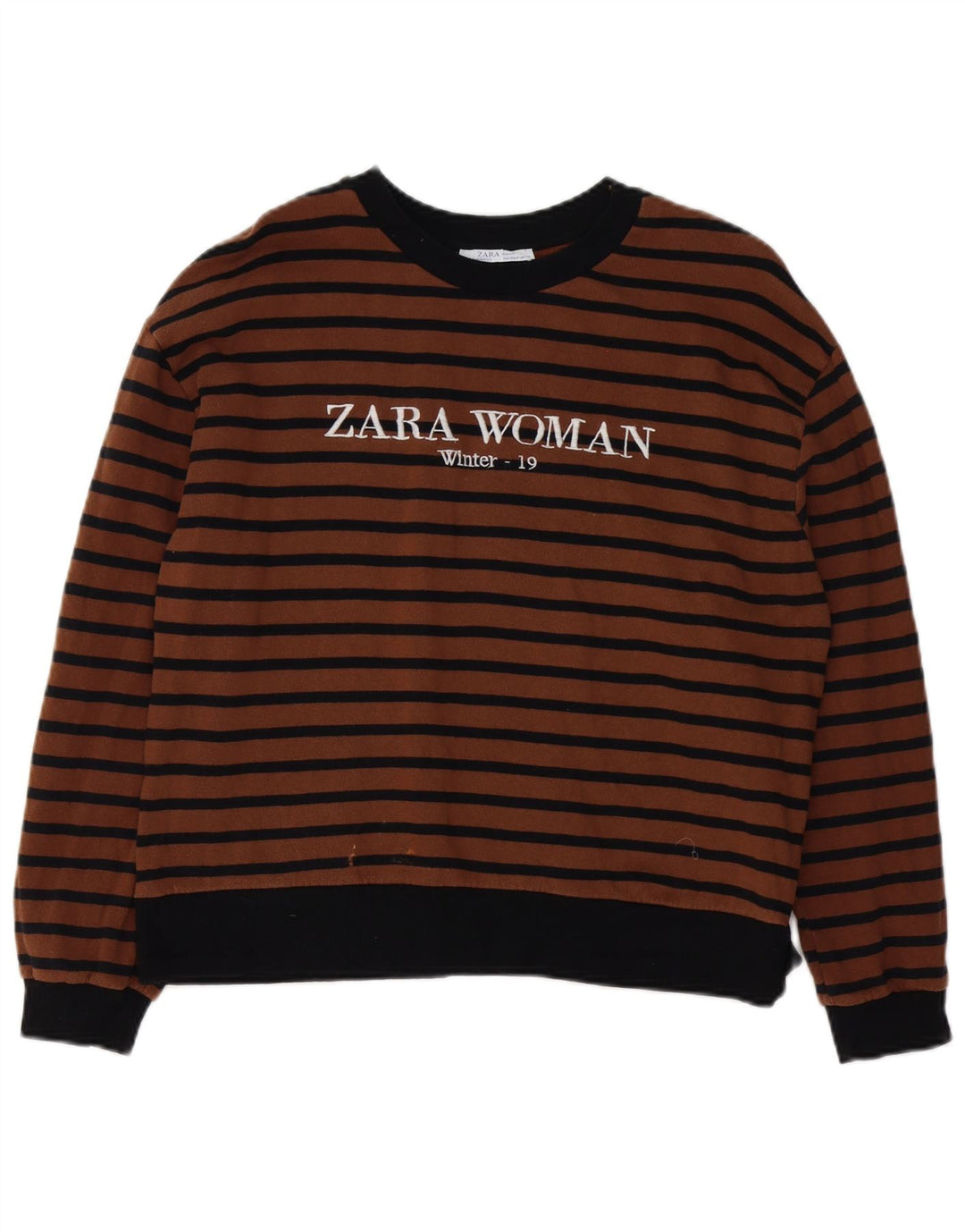 ZARA Damen Grafik-Sweatshirt-Pullover UK 14 Mittelbraun gestreift aus Baumwolle