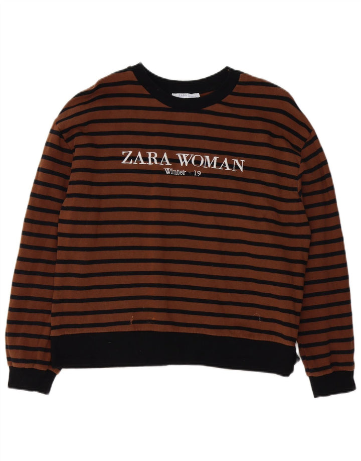 ZARA Damen Grafik-Sweatshirt-Pullover UK 14 Mittelbraun gestreift aus Baumwolle