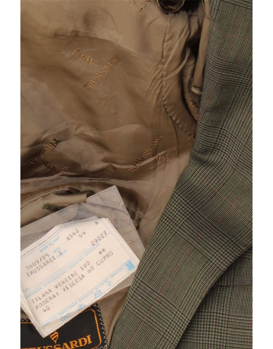 TRUSSARDI Herren 2-Knopf-Blazerjacke IT 54 2XL Khaki karierte Wolle