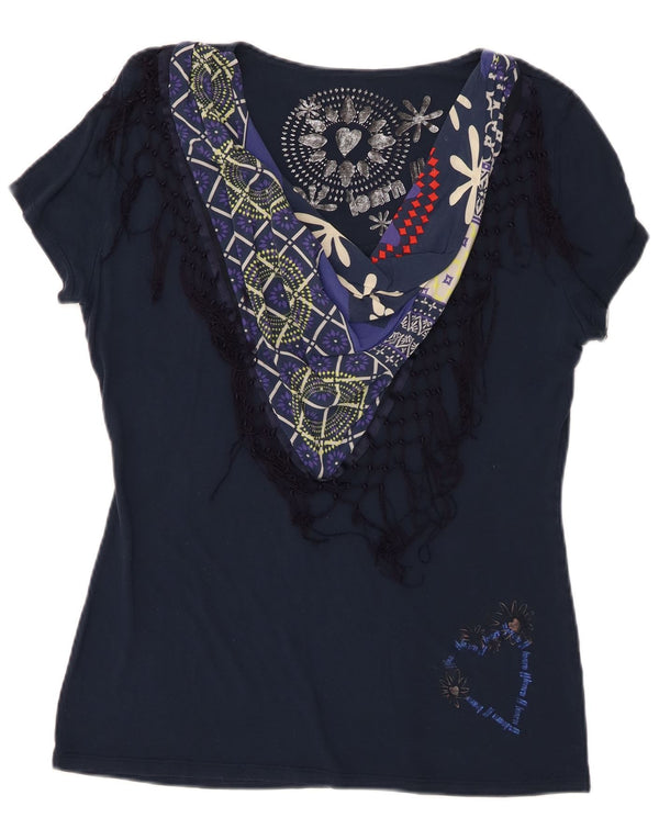 Desigual Damen Grafik T-Shirt Top UK 18 XL Marineblau Patchwork