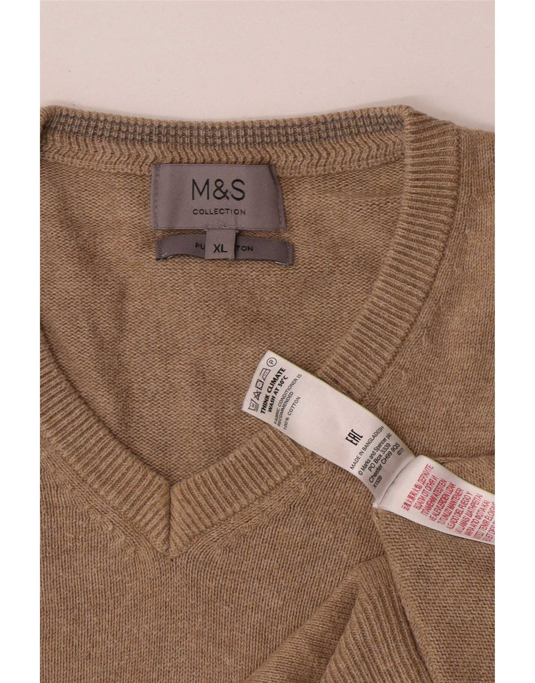 Marks & Spencer Herren-Pullover mit V-Ausschnitt, XL, beige Baumwolle