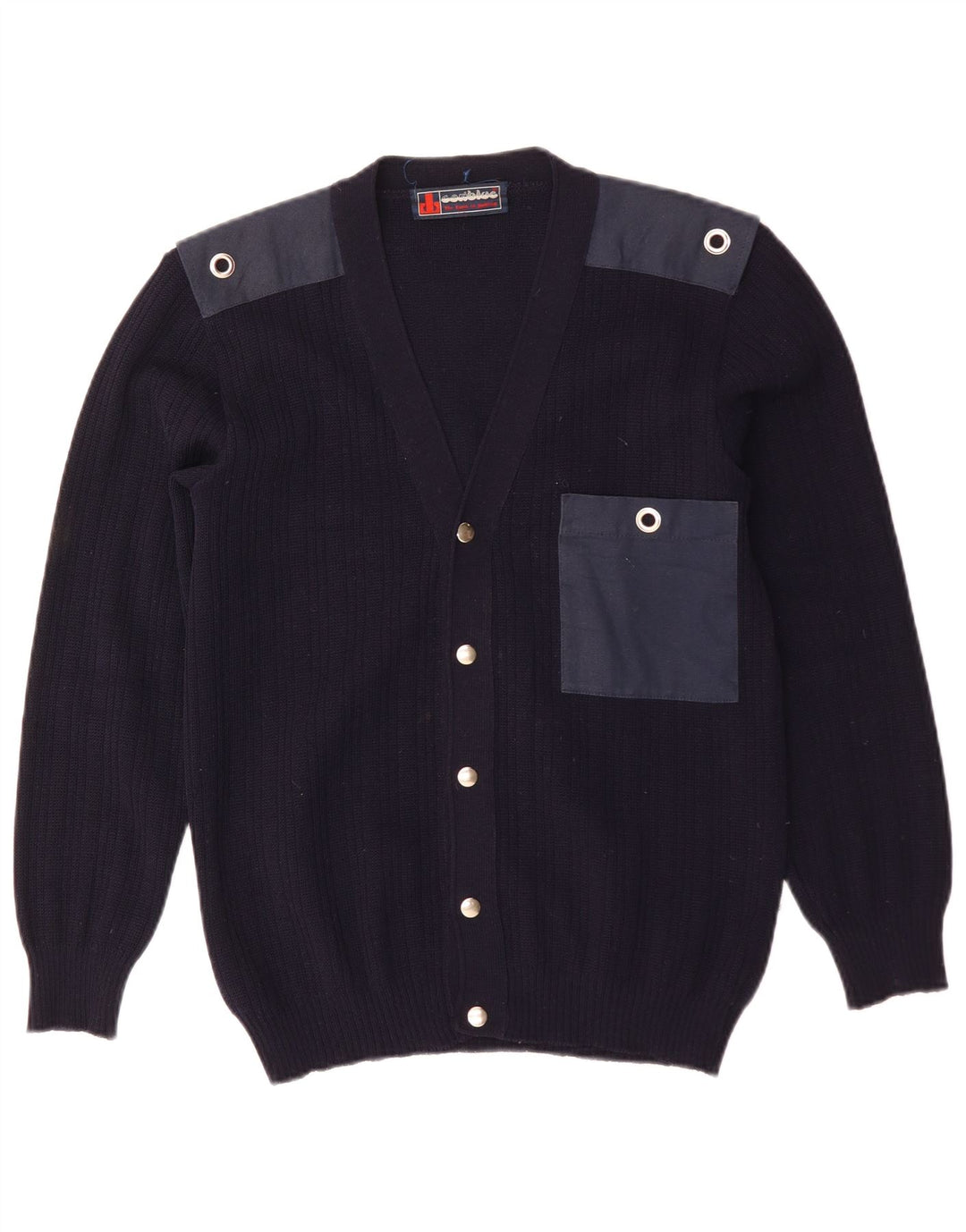 Vintage Herren-Cardigan-Pullover aus mittlerer marineblauer Colourblock-Wolle