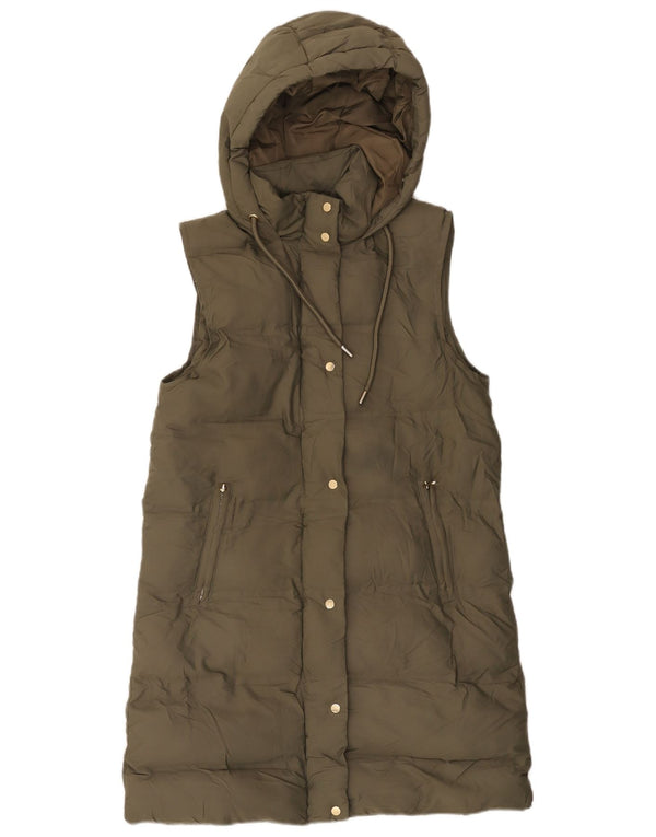 Zara Damen Übergroßer, ärmelloser, gepolsterter Mantel mit Kapuze, UK 6, XS, Khaki, Polyester