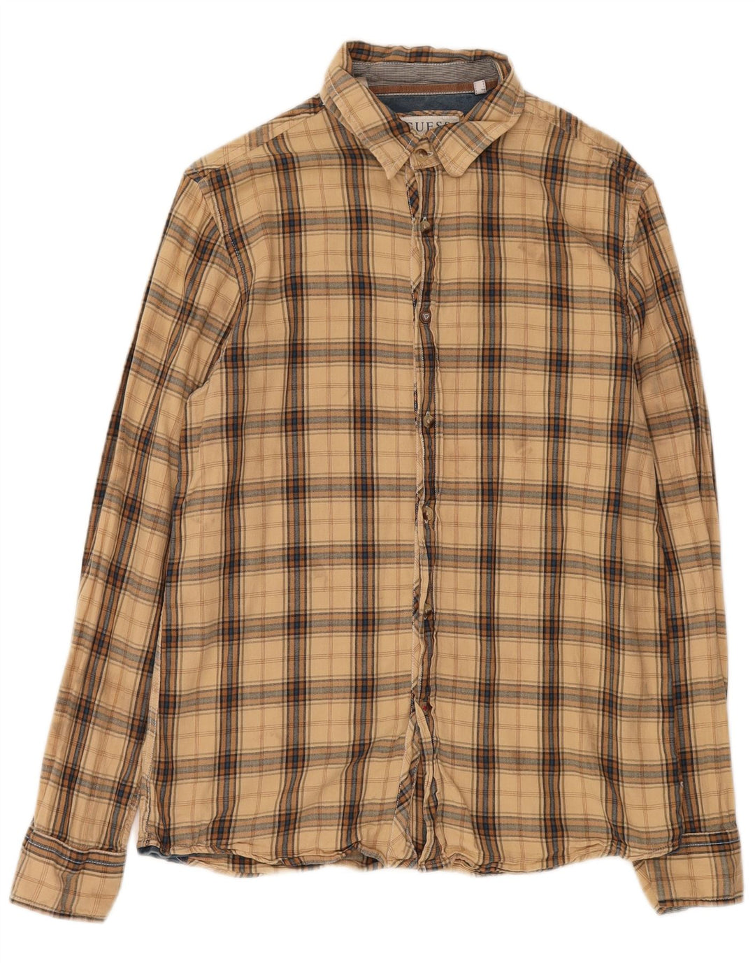 Guess Herren-Flanellhemd, klein, beige, kariert, Baumwolle