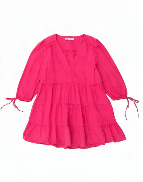 Zara Damen 3/4-Ärmel-Stufenkleid UK 14 Mittelrosa Baumwolle