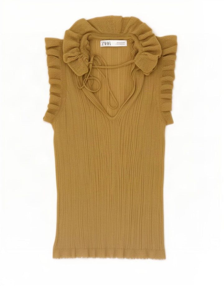 Zara Damen-Blusenoberteil mit Rüschen vorne, UK 12, mittelgelbe Viskose