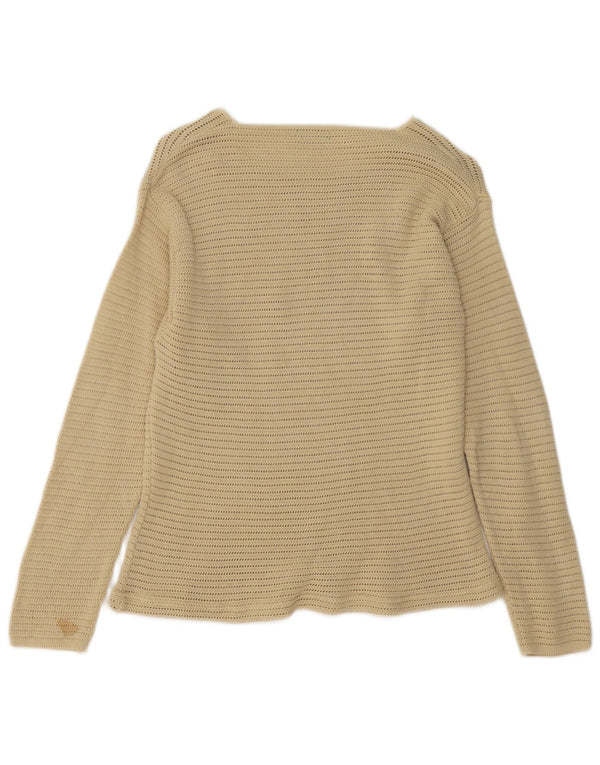 BENETTON Damen-Häkelpullover mit U-Boot-Ausschnitt, UK-Gr. 12, mittelbeige Baumwolle