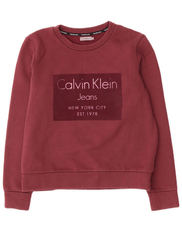 Calvin Klein Jeans Damen Grafik-Sweatshirt-Pullover UK 14 Medium Burgund