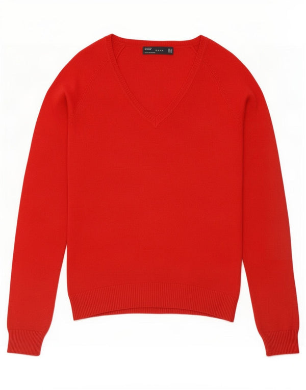 Zara Damen-Pullover mit V-Ausschnitt, UK 12, mittelrote Baumwolle