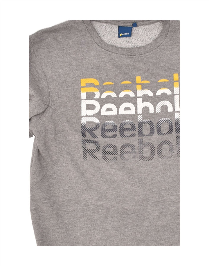 REEBOK Womens Graphic Sweatshirt Jumper UK 10 Small Grey Cotton | Vintage Reebok | Thrift | Second-Hand Reebok | Used Clothing | Messina Hembry 