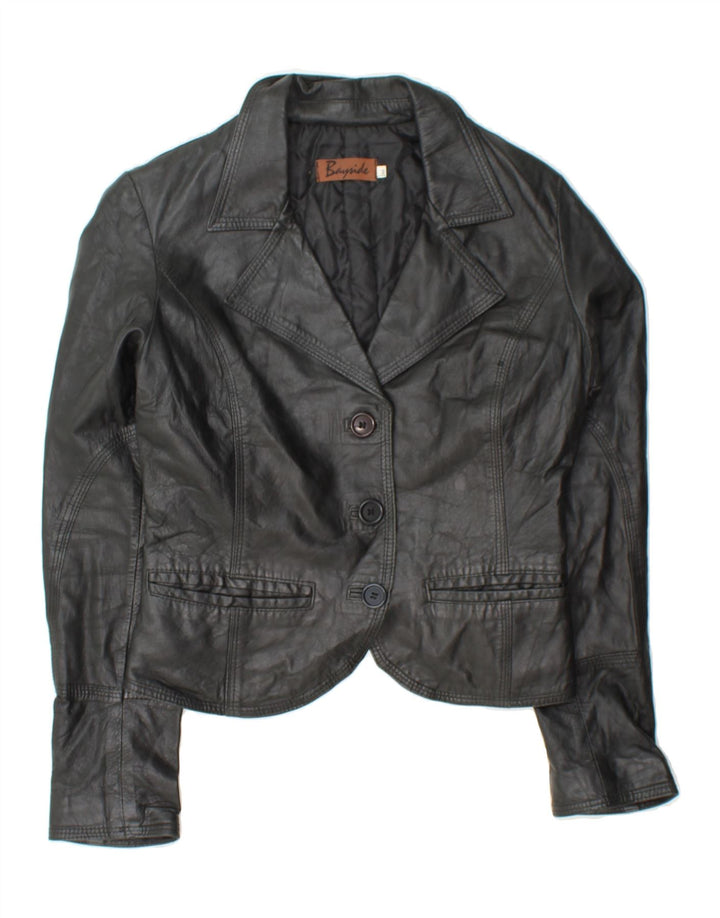 BAYSIDE Womens Crop 3 Button Blazer Jacket UK 12 Medium Black Leather Vintage Bayside and Second-Hand Bayside from Messina Hembry 