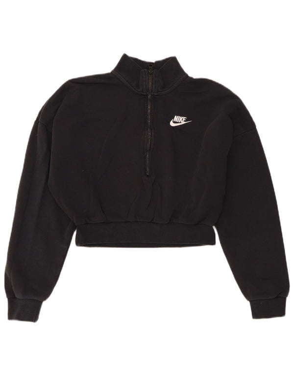 Nike Damen Crop Zip Neck Sweatshirt Pullover UK 6 XS Schwarz Baumwolle