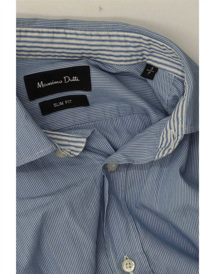 Massimo Dutti Herren Slim-Fit-Hemd, kleine blaue Nadelstreifen-Baumwolle