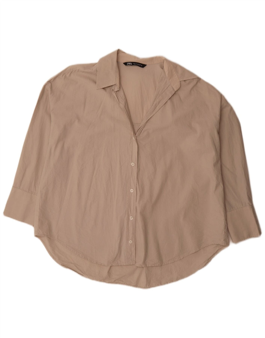 Zara Damen-Hemd mit 3/4-Ärmeln, übergroßes Hemd, UK 14, mittelbeige Baumwolle