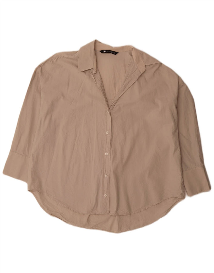 Zara Damen-Hemd mit 3/4-Ärmeln, übergroßes Hemd, UK 14, mittelbeige Baumwolle