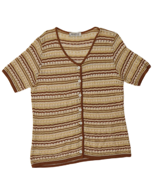 Vintage Damen Kurzärmeliger Cardigan Pullover UK 12 Mittelgelb gestreift