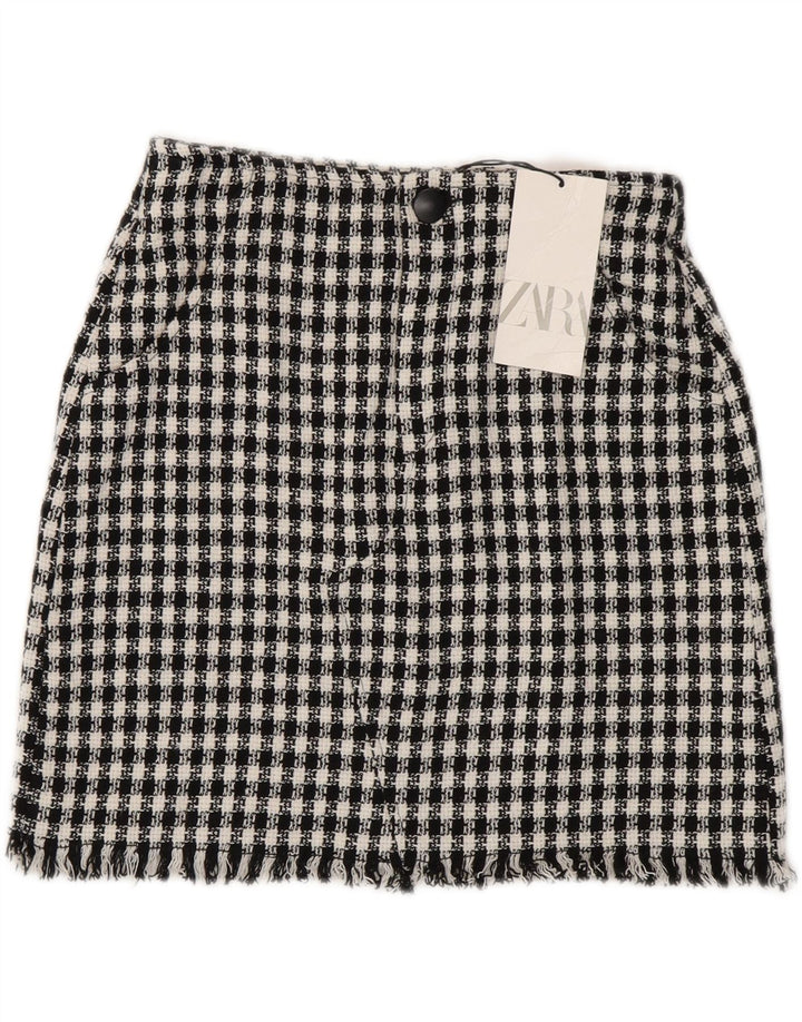 Zara Damen Minirock Small W26 Schwarz karierte Baumwolle
