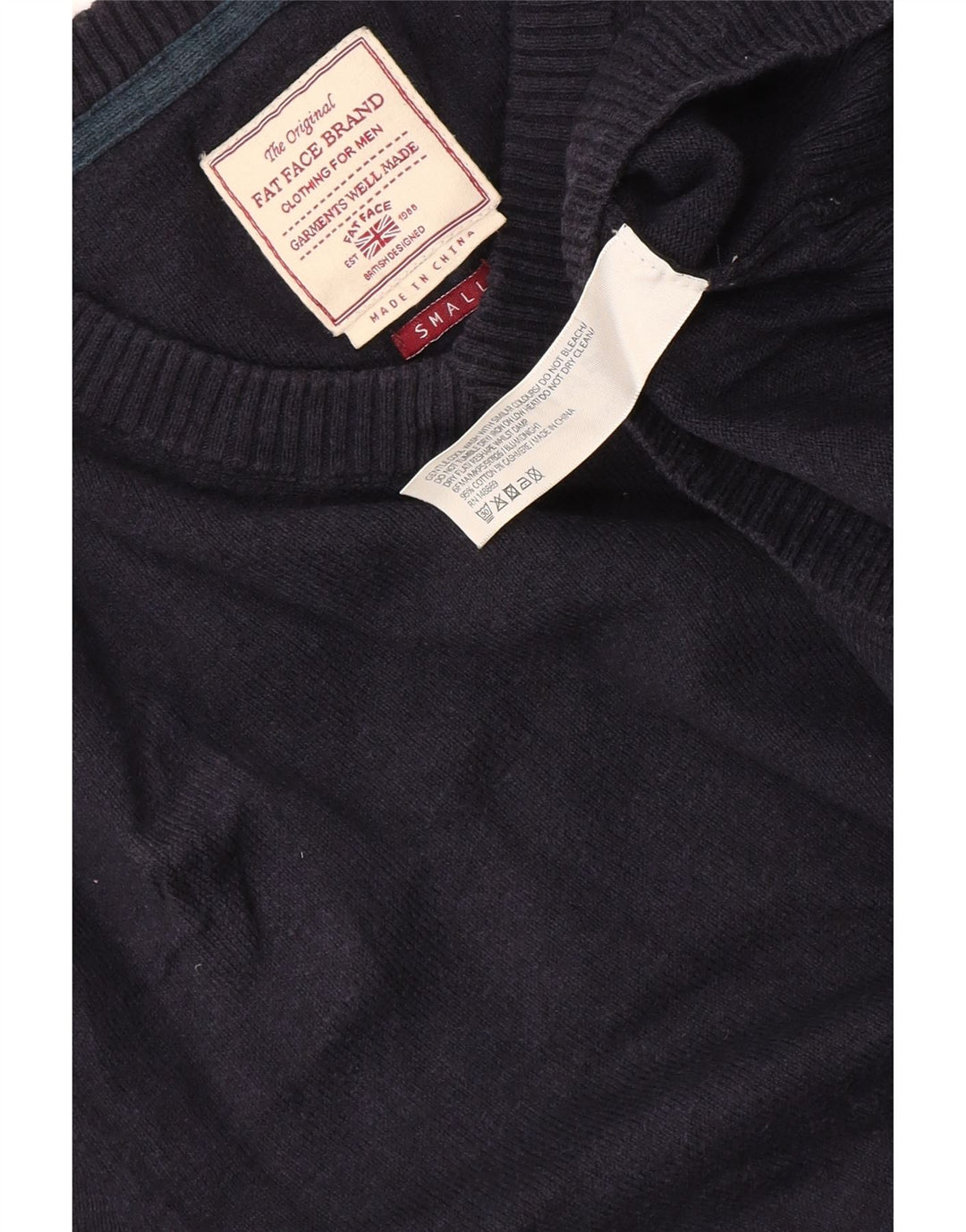 Fat Face Herren-Pullover mit V-Ausschnitt, Größe S, marineblaue Baumwolle