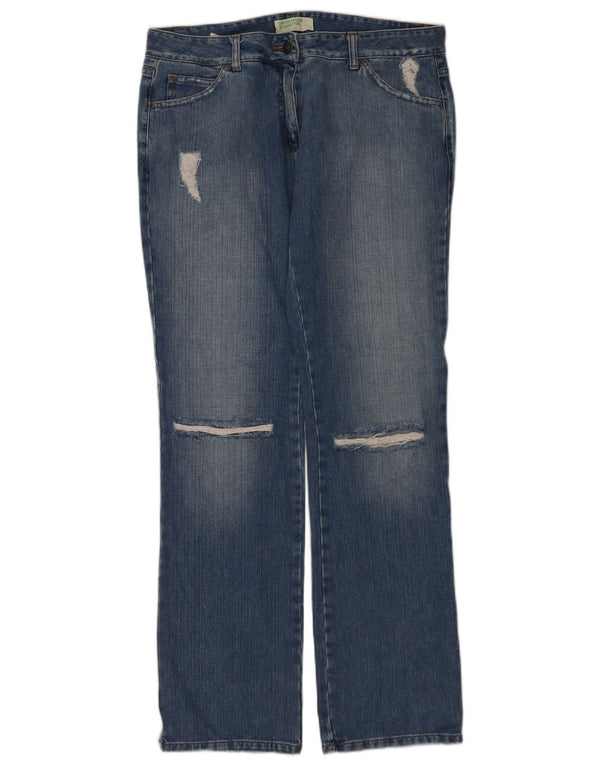 Benetton Damen Distressed Straight Jeans IT 48 XL W32 L34 Blaue Baumwolle