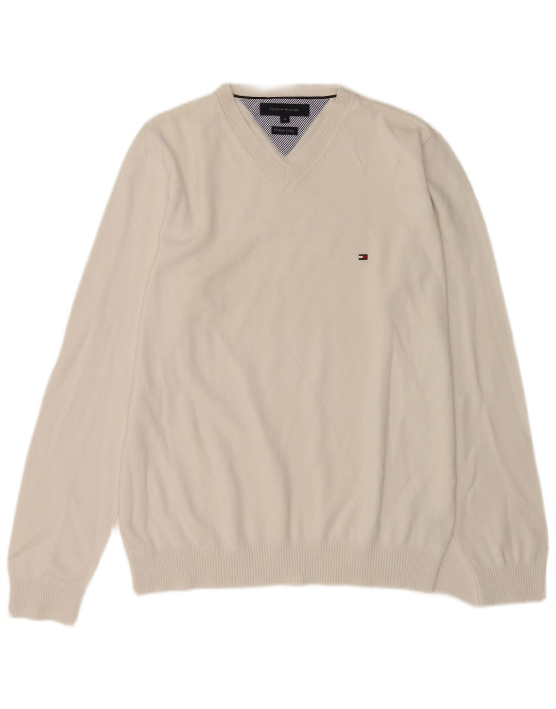 Tommy Hilfiger Herren-Pullover mit V-Ausschnitt, mittelweiße Baumwolle